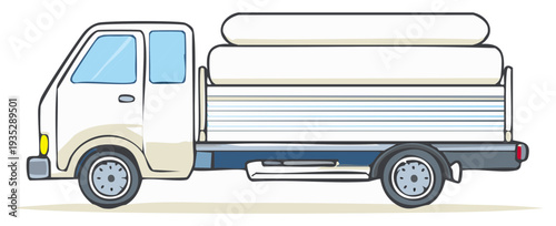 Simple cartoon white truck with a cargo bed carrying large white cylinders side view illustration