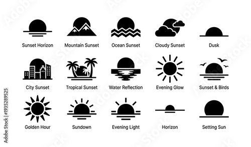 Variety of sunset icons illustrating different landscapes and scenarios