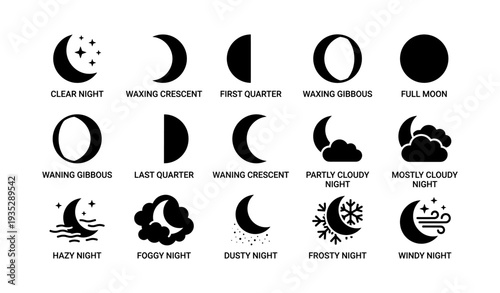 Moon phases and night weather icons with illustrations