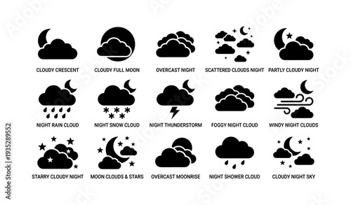 Weather icons: cloudy, overcast, night, rain, windy, moon, thunderstorm, foggy