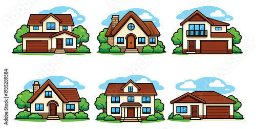 Cartoon style residential house set featuring various modern home designs for real estate and living concepts
