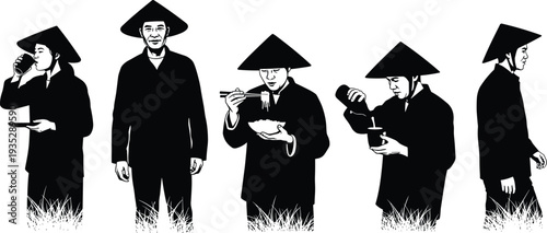 Black and White Vector Silhouette Illustration of Asian Farmers Wearing Conical Hats While Eating Noodles Drinking Tea and Working