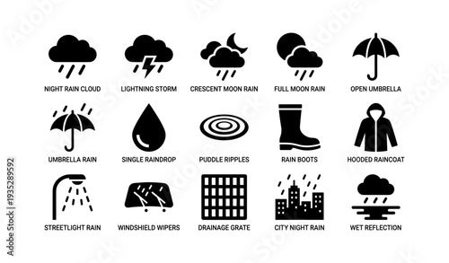 Weather symbols: rain, storms, and protection icons in black and white