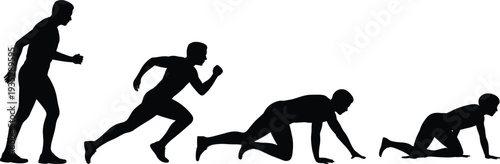 Athlete sprint start silhouettes sequence, runner preparing and running positions, track and field sport motion isolated black silhouette collection