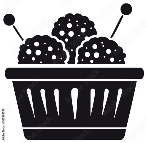 Black and white illustration of popcorn in a basket with sticks