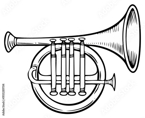 Ornate Brass Trumpet With Valves Artistic Line Drawing Musical Instrument Illustration