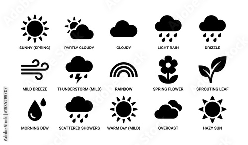 Weather icon set: sunny, cloudy, rain, wind, seasonal elements