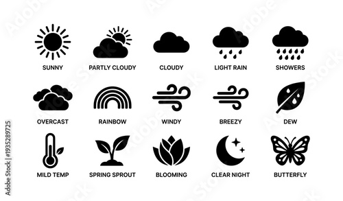 Weather symbols: sun, clouds, rain, wind, temperature, nature icons