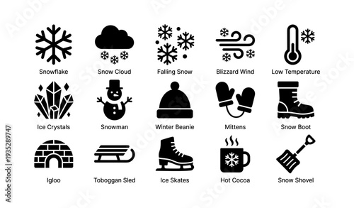 Winter icons: snowflakes, snowman, mittens, ice skates, hot cocoa