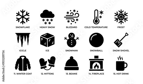 Winter icons: snowflake, blizzard, snowman, winter coat, hot drink