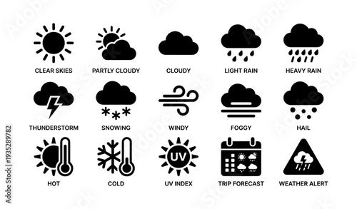 Weather icons set: clear skies, rain, thunderstorm, windy, foggy, snowing, hail