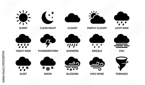 Weather icons: sun, moon, clouds, rain, snow, wind, tornado, storm
