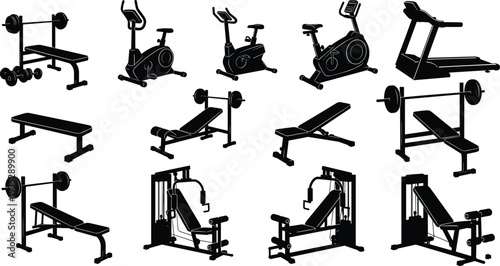 Black Gym Equipment Vector Silhouettes Set Featuring Treadmill Stationary Bikes Weight Benches Barbells and Multigym Machines for Fitness Club Graphic Design