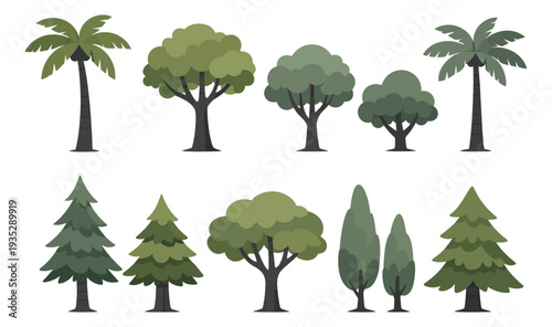 Flat graphic tree set featuring diverse tree species for natural landscape design