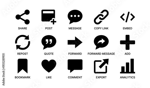 Social media icons set: share, message, link, embed, bookmark, like, comment