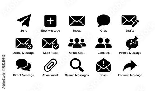 Communication icons set: email, chat, contact, search, attachments