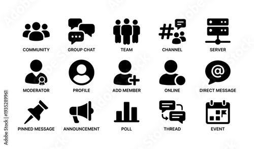 Social media icons: community, chat, team, channel, server, and more