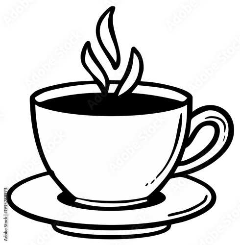 Steaming cup of coffee on saucer black and white outline style simple art
