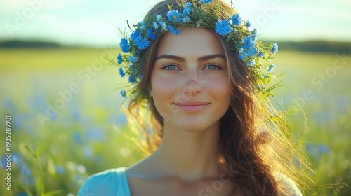 A woman wearing a blue flower crown is smiling in a field of flowers. Scene is cheerful and peaceful