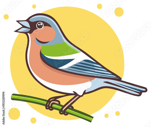 Cute cartoon songbird perched on a green branch with an open beak chirping brightly