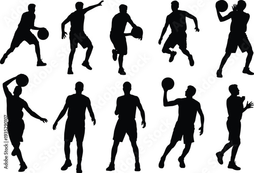 Basketball player silhouettes collection dribbling passing shooting poses isolated black silhouette set for sport training team game design