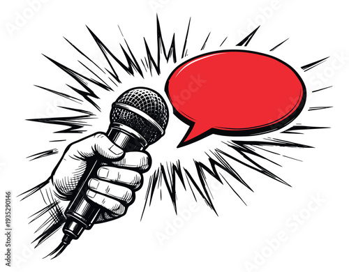 Hand drawn comic style illustration of a hand holding a microphone and speech bubble depicting an important announcement for news and media