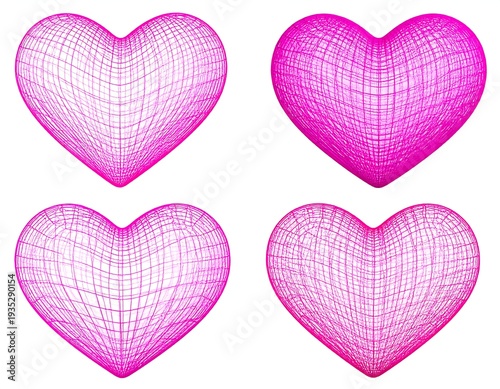 Four pink 3D wireframe hearts, diagonally gridded, different angles, over white background