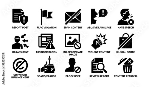 Social media content violation icons for reporting and moderation
