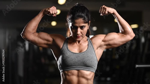 Muscular female bodybuilder flexing biceps in gym