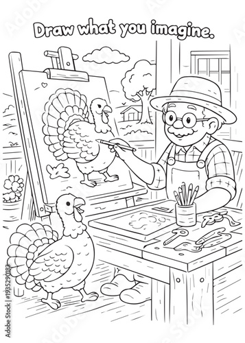 coloring book grandpa painting a turkey portrait on an easel, drawing what he imagines