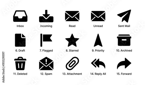 Black icon set of common email functions for digital communication