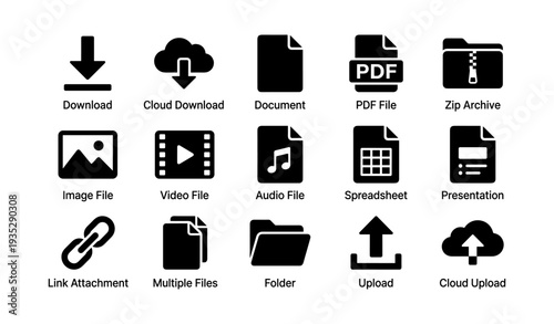 Set of various digital file and media icons representing formats and functions
