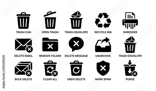 Trash and recycling icon set: trash can, envelope, shredder, recycle symbol