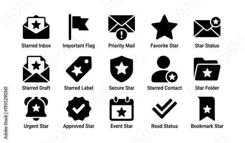 Star icons set: inbox, draft, label, starred contact, secure mail