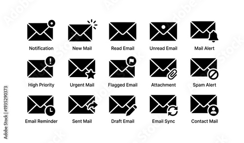Set of email icons for alerts, notifications, attachments, and reminders