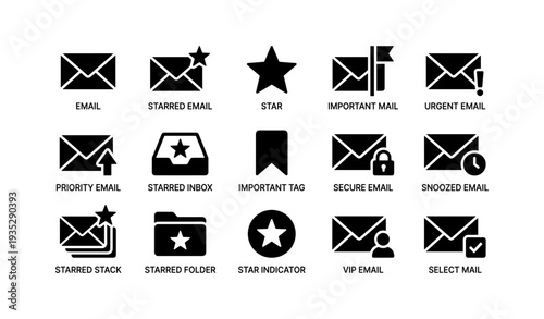Email icons set: starred, important, secure, urgent, selection indicators