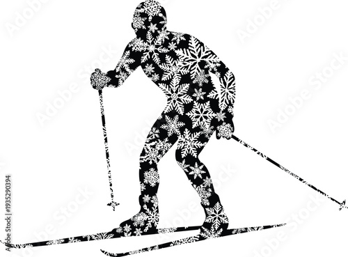 Black silhouette of a male skier in motion filled with white snowflake patterns for winter holiday and outdoor mountain sports vector design.