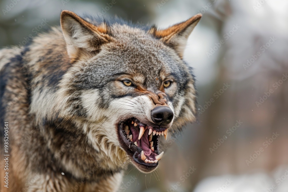 Fototapeta premium Eurasian wolf showing teeth and snarling in a snowy winter forest