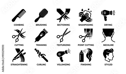 Hair styling tools and techniques icons: combing, brushing, curling, finishing, sectioning
