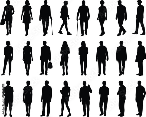 Business people silhouettes collection, men and women walking standing office professionals isolated black silhouette set for corporate lifestyle design