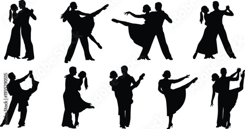 Ballroom, dancing, silhouettes, set, of, couples, performing, tango, salsa, waltz, elegant, dancers, isolated, on, white, background, vector, illustration, for, event.