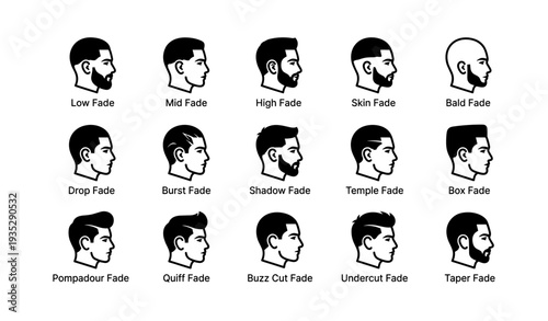 Variety of men's haircut styles: fade, buzz, undercut, quiff, taper - side profile silhouette illustrations