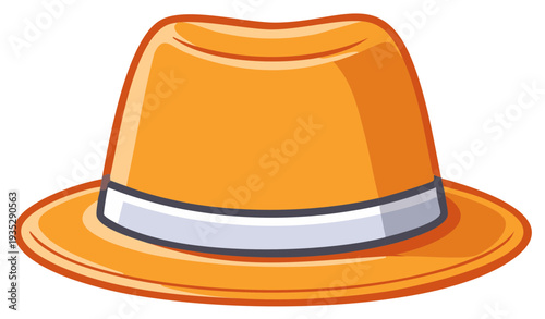 Orange fedora hat illustration. Stylish headwear fashion accessory, isolated