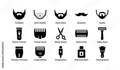 Icon set of male facial hair and grooming tools including trimmers and razors