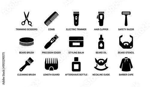 Essential grooming tools: trimming scissors, comb, electric trimmer, beard oil, barber cape