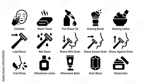 Shaving routine icons: tools and steps for male grooming