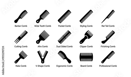 Diverse comb collection: barber, styling, afro, beard, professional