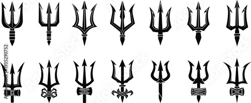 Collection of Trident Symbols and Poseidon Spear Icons in Black Silhouette Vector Illustration Set for Marine Mythology and Nautical Logo Design