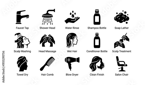 Hair care icons: shampoo, conditioner, shower, scalp treatment, salon chair