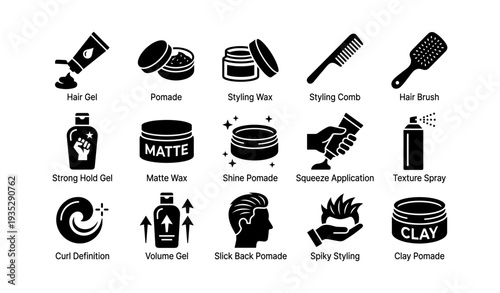 Hair styling products and tools icons set